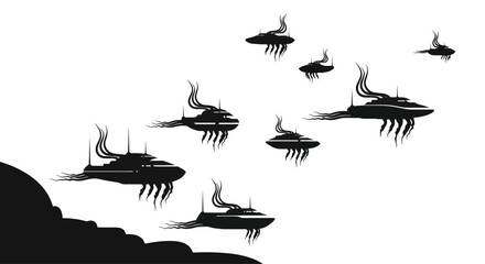 Futuristic alien spacecraft fleet ascending from dark landscape against white background ©  arinagraphic.std