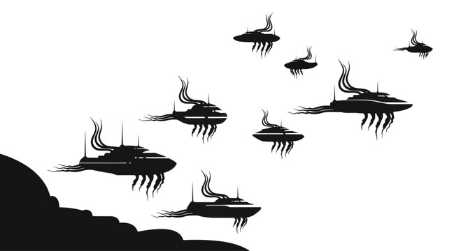 Futuristic alien spacecraft fleet ascending from dark landscape against white background