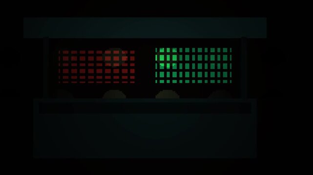 Abstract geometric animation red and green blocks with floating spheres