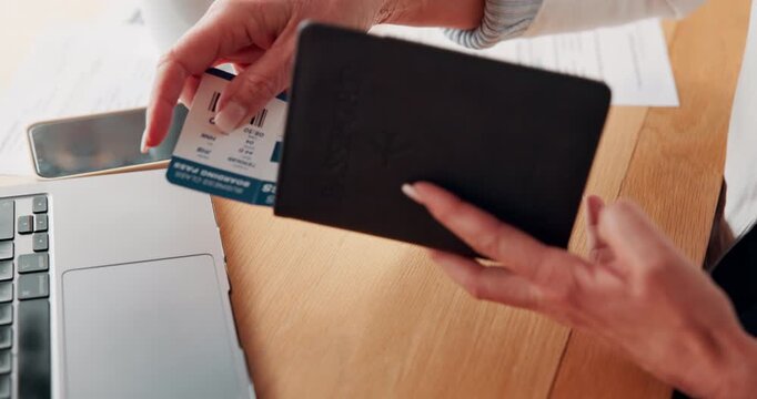 Passport, travel and ticket in hands for flight booking, compliance or transport documentation. Business, trip or person with information by laptop for online accommodation, registration or identity