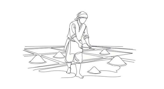 Traditional Salt Harvesting: Person Working in Salt Pans, Line Art Illustration