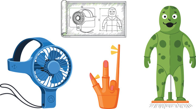 Unconventional product prototypes and unique gadget designs vector infographic set featuring portable blue fan technical blueprint and funny green costume suit