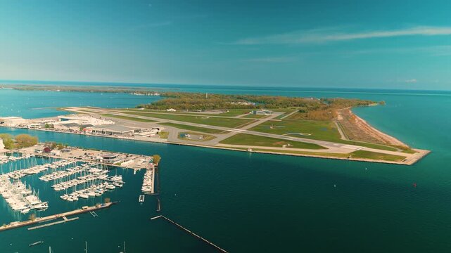 Toronto Billy Bishop Island Airport Spring Aerial Drone 4K Lake Ontario