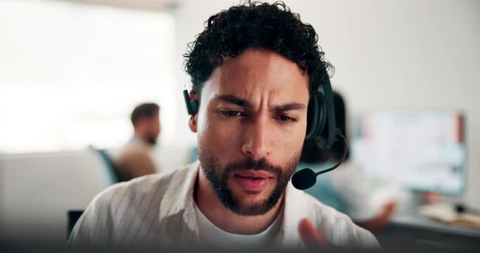 Talking, call center or man with computer for technical support, coworking and virtual assistance. Headset, tech and consultant on hotline for help, software troubleshooting and smile for solution