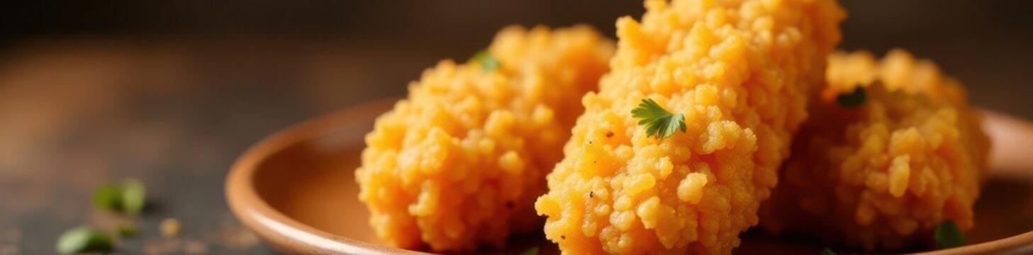 Golden-brown fried chicken nugget, crispy texture, close-up , food, snack, nugget