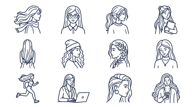 Illustrations of People with Different Hairstyles and Activities