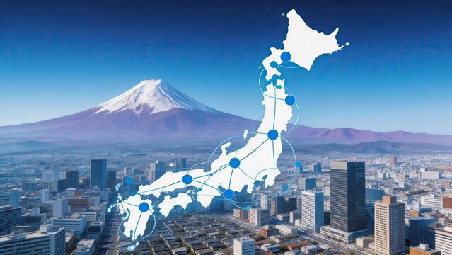 Digital map of Japan with network nodes and Mount Fuji in background, representing technology infrastructure, travel routes, and business connectivity across the nation.