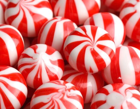 Glossy Red and White Peppermint Candies Arranged in Close Up Background
