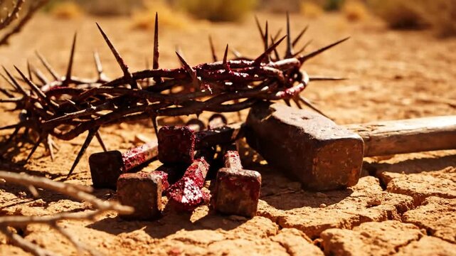 Symbolic representation of the crucifixion: a crown of thorns, bloodied nails, and a hammer on arid ground, signifying suffering and sacrifice.