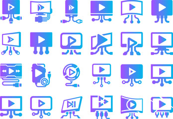 Fototapeta premium Digital video player icons, media playback controls, and streaming technology symbols.