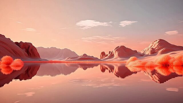 Digital pink orange desert hill mountain range lakeside  background