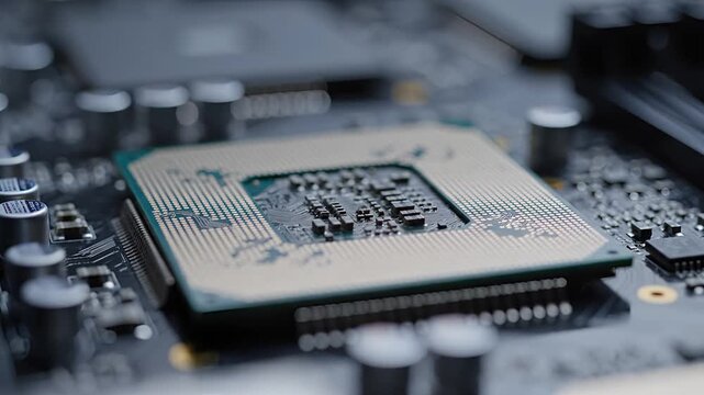 Closeup Macro Shot of a Computer CPU Processor on a Motherboard.