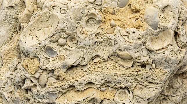 Close up detail of ancient limestone rock texture with marine fossils