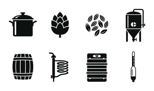 Brewing equipment icon set, silhouette, for craft beer production