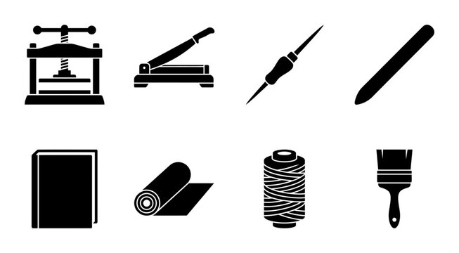 Bookbinding Tools and Materials Icon Set, Silhouette, for Craft and Hobby Projects