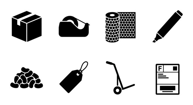8 Shipping and Packaging Silhouette Icons, Flat, for Logistics and Delivery Services