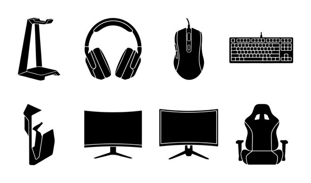 Gaming setup accessories silhouette icons, flat, for esports and PC gaming