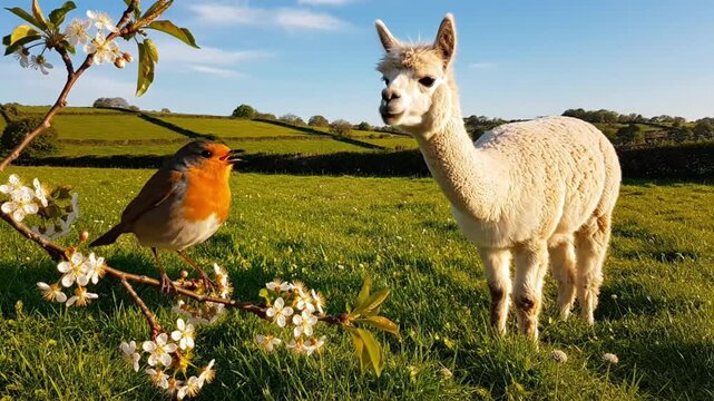 European robin perched on blossoming branch watches alpaca grazing in lush meadow on sunny day