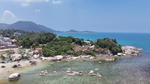 High Aerial Orbit from Hin Ta Hin Yai South Coast Revealing Lamai Beach Koh Samui Thailand
