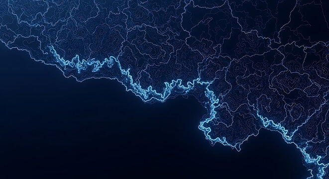 Abstract dark navy blue neon glowing topographic map with undulating contour lines, digital terrain elevation grid, futuristic geographic landscape pattern, luxury textured vector background.