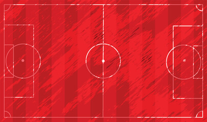 Striped soccer field with markings. Soccer field and soccer ball. Top view. Red flag for the World Cup. © HOSEN