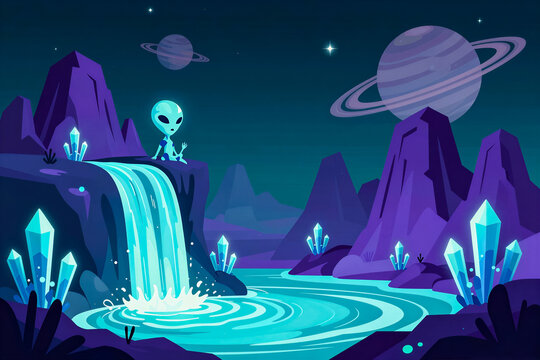 Cute alien figure resting near glowing waterfall on purple fantasy planet with ringed moons and blue crystals