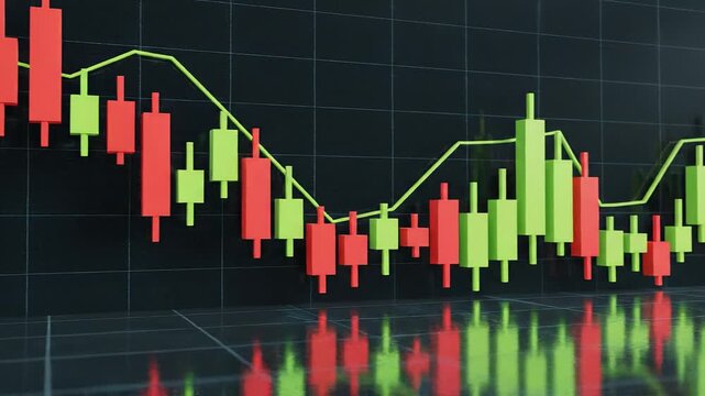 3D candlestick chart with green and red bars on a dark grid background, symbolizing financial market trends and trading analysis.