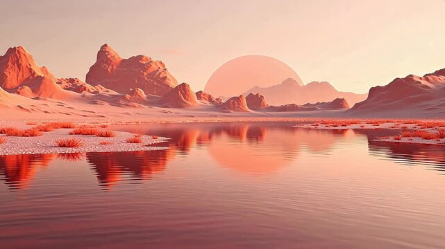 Digital pink orange desert hill mountain range lakeside  background