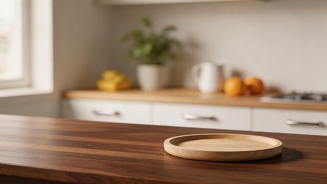 Empty round wooden serving tray placed on a dark wood kitchen countertop, featuring a blurred background with natural light, fruit, and plants, representing home decor and