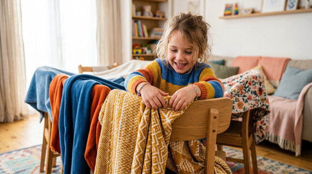 Child building fort with colorful blankets and enjoying imaginative play at home. Fort includes cozy fabrics draped across chairs, creating a fun space for storytelling and games.