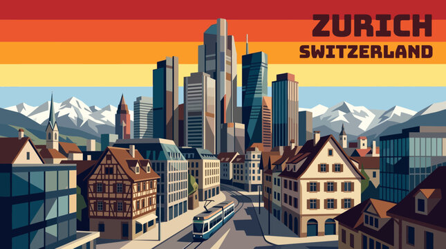 zurich alpine skyline with modern financial downtown switzerland vector illustration travel destination
