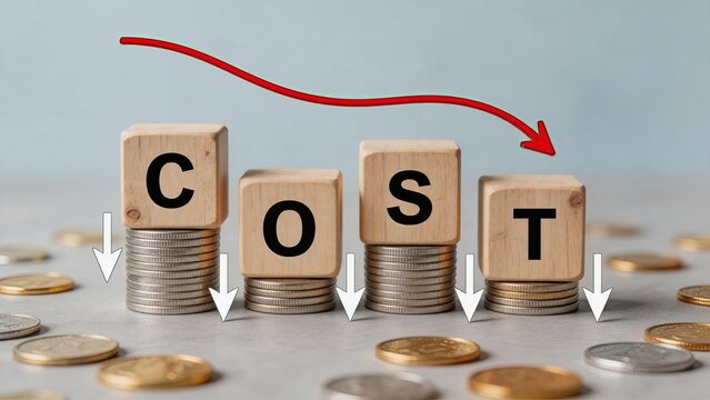 Wooden blocks spelling cost with coins and red arrow pointing down, financial budget reduction concept, saving money expenses lowering prices economic crisis inflation management