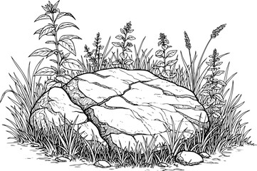 Hand-drawn of a cracked rock surrounded by grass and wildflowers stone boulder © Mohammad