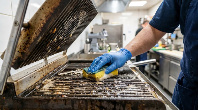 Cleaning grill plates in kitchen with hot water and sponge for effective scrubbing. Cleaning process involves thorough scrubbing with gloves to maintain hygiene and cleanliness in restaurant kitchen.