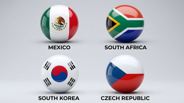3d glossy spheres with flags of mexico, south africa, south korea and czech republic