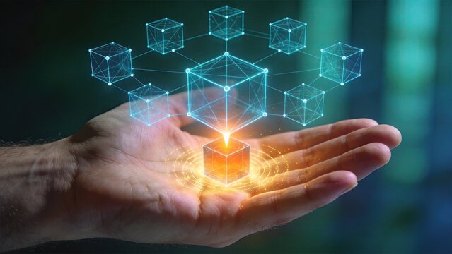 Blockchain Technology Concept, Decentralized Network Structure, Digital Data Blocks, Cryptocurrency Mining, Secure Transaction System, Distributed Ledger, Financial Technology,