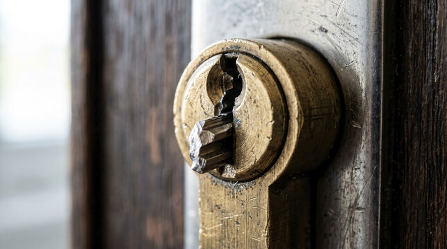 Broken key inside lock with detailed close-up of damaged mechanism. Close view shows key stuck in brass lock and worn surroundings, emphasizing importance of fixing broken locks for safety.