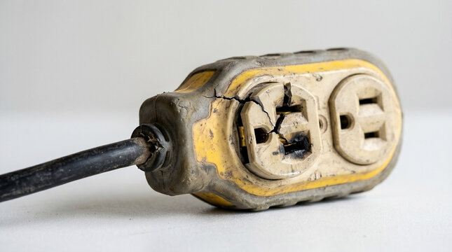 Broken extension cord socket with damaged plug and frayed cable resting on white surface.