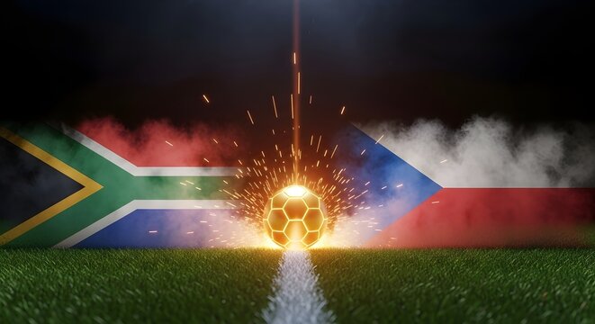 Soccer ball exploding on a green grass field with South Africa and Czech Republic flags in the background surrounded by smoke and sparks perfect for sports event promotion