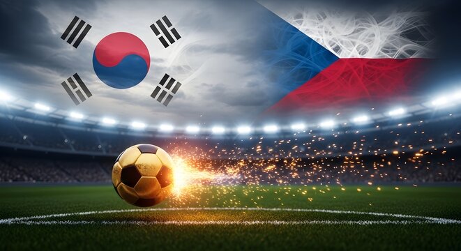 Soccer ball kicking off with sparks flying on a green football field with South Korea and Czech Republic flags waving in the stadium background