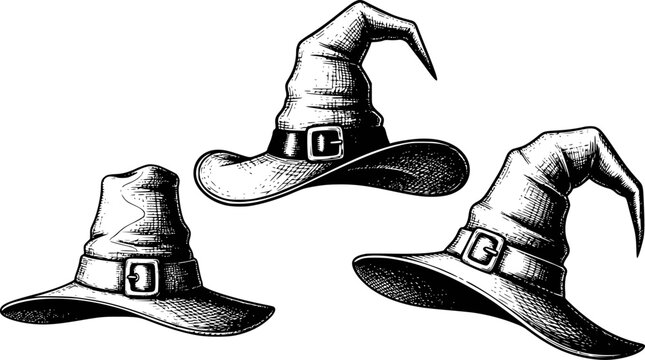 Vintage witch hats with buckles, black and white engraving style halloween magic