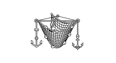 Fishing Net with Anchors and Buoys - Line Art Illustration © dasha