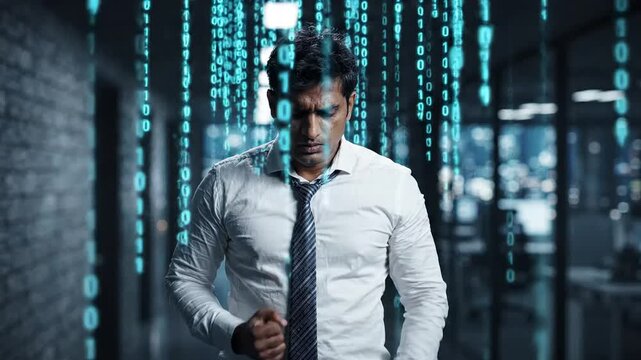 Professional suffering from digital information overload and technology pressure. Mental health, stress, anxiety and panic attack concept.