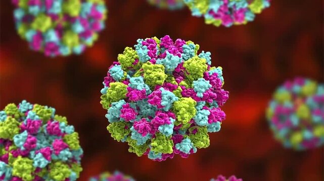 Norovirus particles, 3D animation showing slowly rotating non-enveloped virions with icosahedral capsid, illustrating highly contagious cause of acute gastroenteritis.