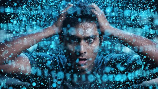 Man suffering panic attack from information overload and digital technology pressure. Overwhelmed by data, experiencing mental stress, anxiety, and cognitive breakdown.