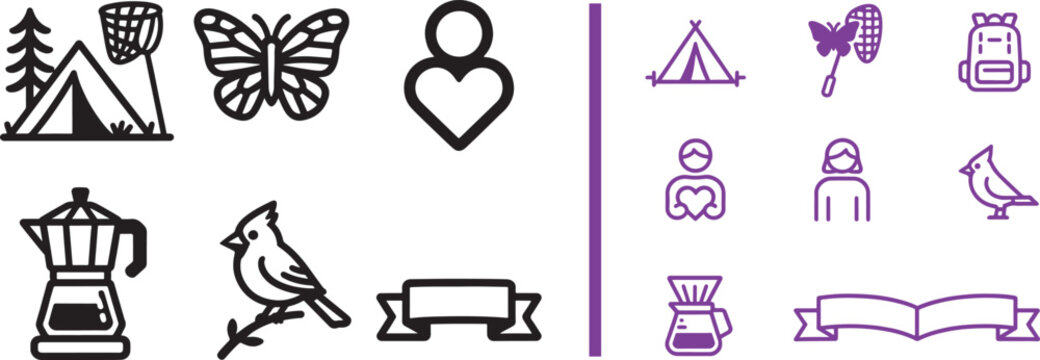 Camping and outdoor recreation vector icon set featuring tent butterfly bird coffee maker backpack and ribbon banners