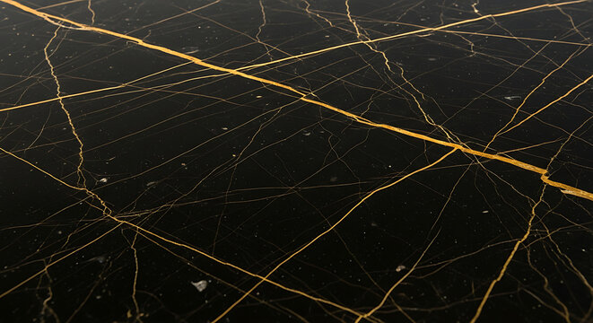 Luxurious black marble stone texture featuring intricate golden veins and a highly polished reflective surface for elegant interior design backdrops and sophisticated architectural decor.