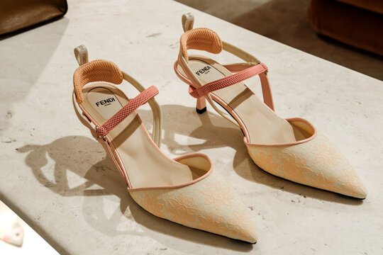 Fendi Pink Lace Pointed Toe Heels On Display In Boutique Store Interior  Milan Italy May 14, 2026	