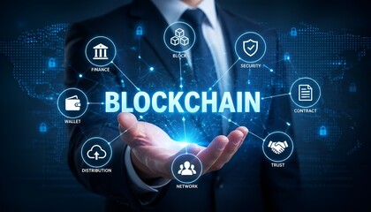 Naklejka premium Blockchain Technology and Network Connection Concept – Businessman Holding Blockchain Text with Digital Security and Data Network Background