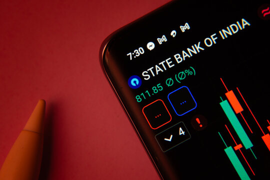 Dhaka, Bangladesh- 08 Sep 2025: Close-up of a phone screen showing State Bank of India stock market data with a candlestick chart.